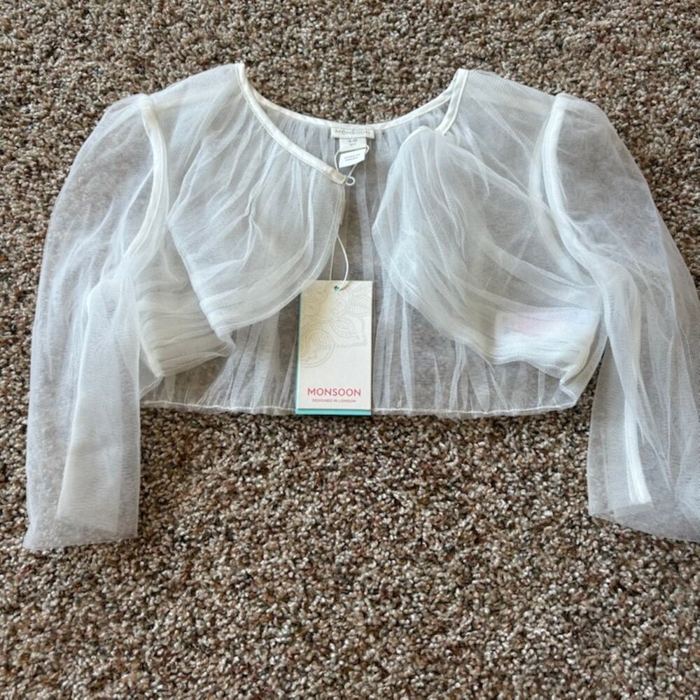 NWT Monsoon Girls Sheer White Tulle Bolero Jacket Puff Sleeves Cropped